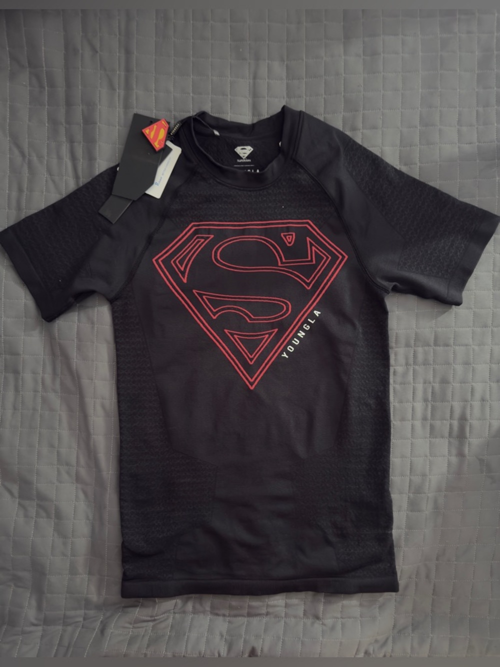 YoungLA Black Short-Sleeve Compression Shirt with Red Superman Emblem